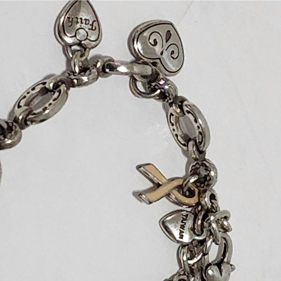 Brighton Silver Pl Charm Bracelet Hearts Faith Hope Heal Ribbon Breast Cancer - Picture 3 of 7